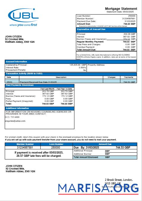 Blank United Kingdom United Bank Ltd (UBL) bank mortgage statement in Word and PDF formats real example